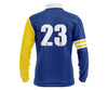 Custom yellow and blue long-sleeve school leaver with white accents